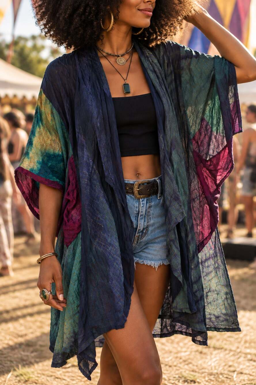 Boho Festival Kimono Duster Coat Patchwork Tie Dye, One Size